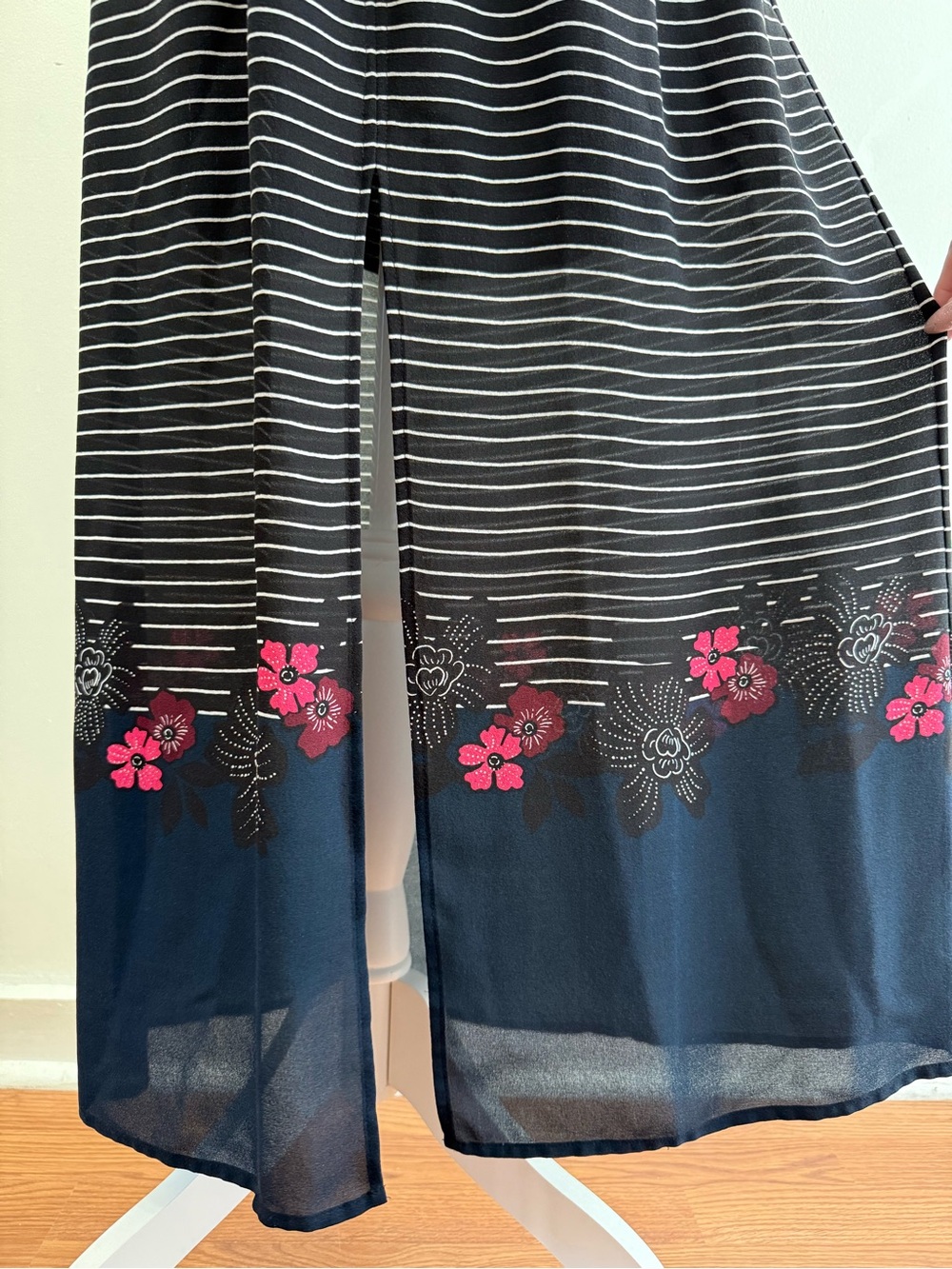 A.L.C ALC silk black white stripe cinch tie waist halter floral trim maxi dress - Picture 9 of 15